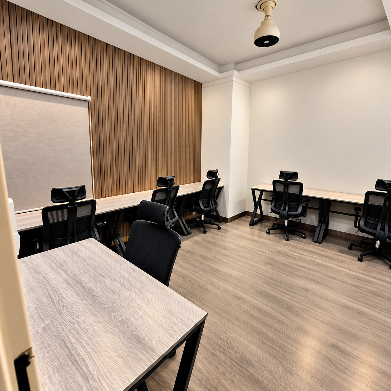 Dedicated desk in a bright coworking space